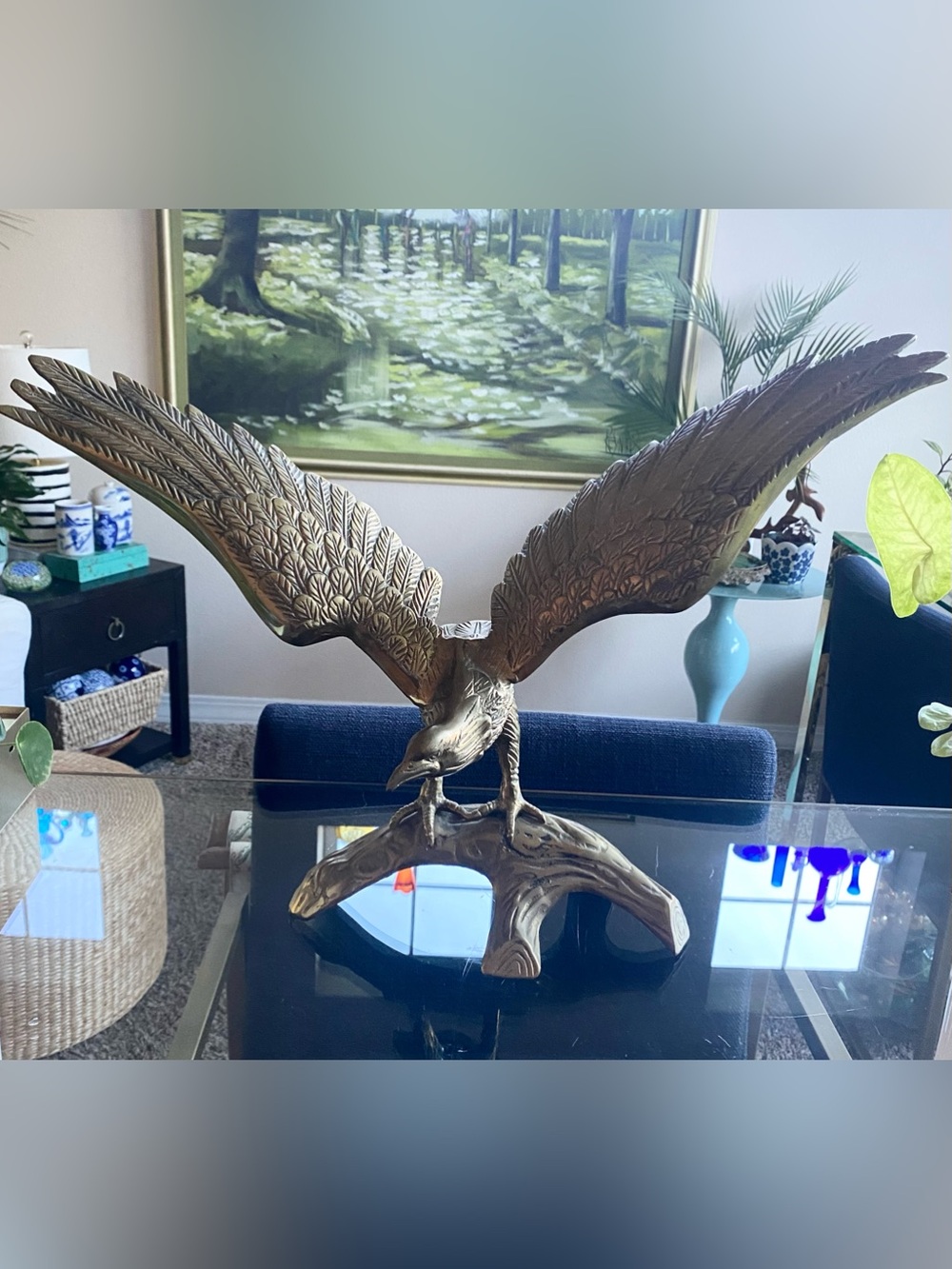 LARGE Vintage Solid Brass American Bald Eagle Branch Statue 15x22”  MCM